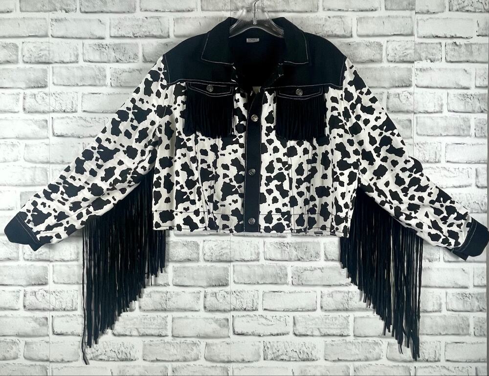 Spirit Cow Print Fringe Jacket Studded Western Large